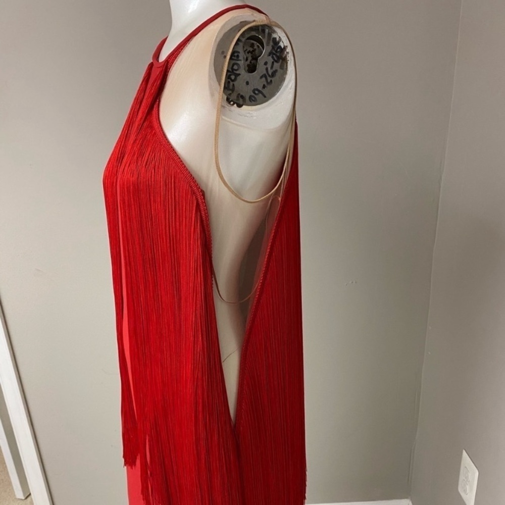 Sleeveless Illusion Wing Fringe Stretch-cady Mini Dress - Picture 8 of 13